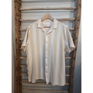 ROWM Men’s XLT Tall Textured Stripe Camp Collar Shirt 100% Cotton Cream